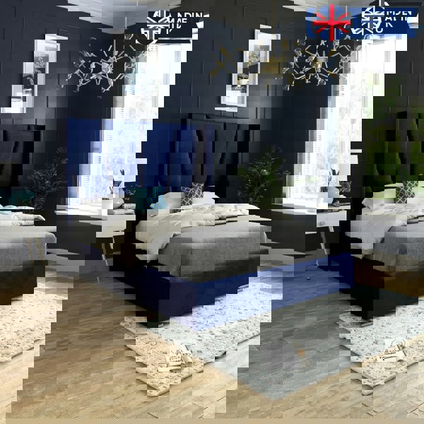 Casa Magna Bellini Wide Curved Winged Upholstered Soft Velvet Bed Frame - Blue