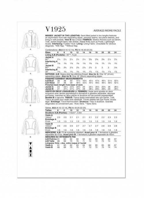 Vogue Sewing Pattern 1925, Jackets for Women, A5 (6-8-10-12-14) - Intermediate
