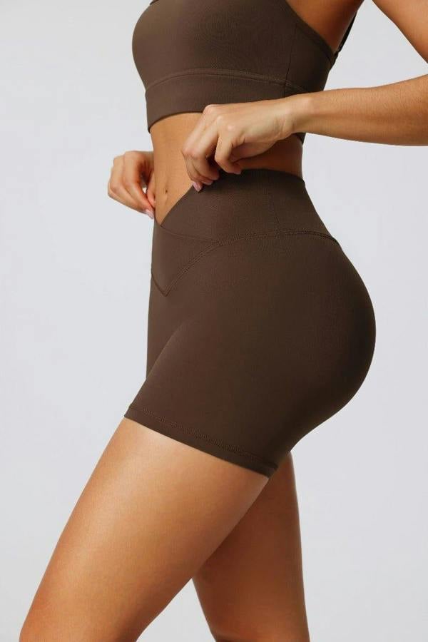Anniou High Waist Crossover Yoga Shorts - Brown