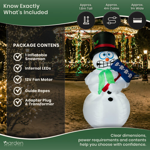 Garden Marketplace 1.8m Inflatable Chattering Snowman Christmas Decoration with 2 LED Lights Self Inflating Waterproof Outdoor Decor