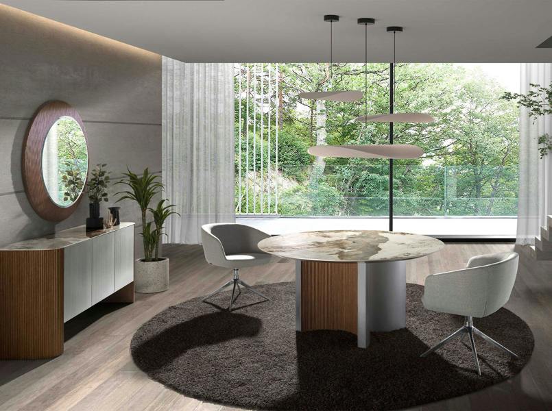 Angel Cerdá Round dining table in porcelain marble, walnut and silver-coloured wood 1148