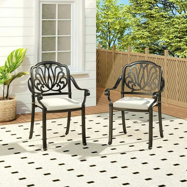 Set of 2 Outdoor Cast Aluminum Dining Chairs with Cushions Patio Side Chairs Living and Home