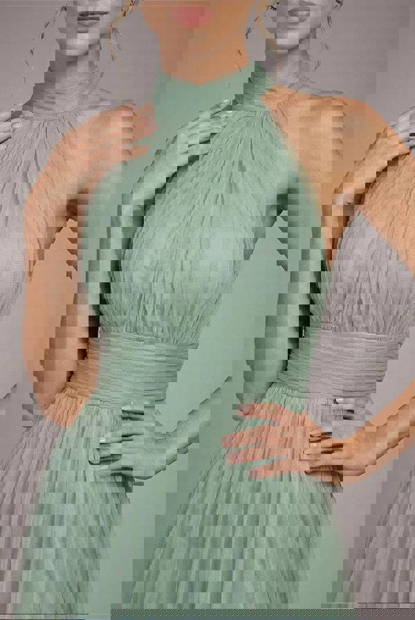 Halter Neck Mesh Tie Maxi Dress - Dusty Sage DR3904