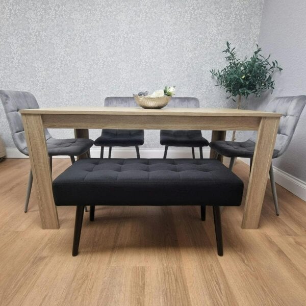 Kosy Koala Oak Effect Dining Table Set With 4 Grey Velvet Chairs And Black Velvet Bench Dining Room Furniture