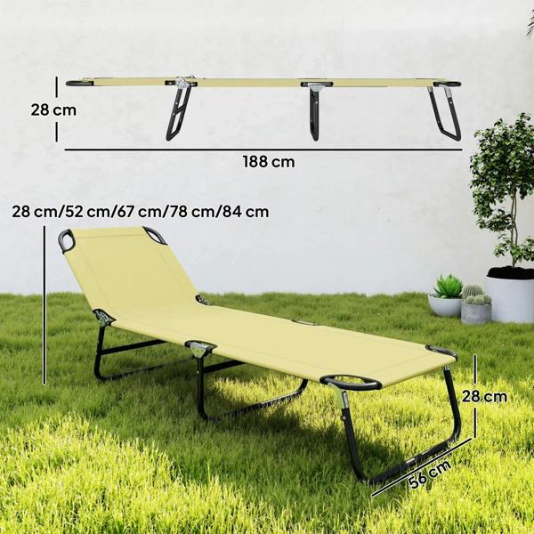 Beige foldable sun lounger with black frame, fully extended on grass