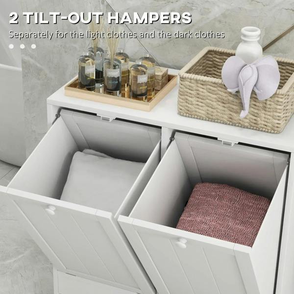 White double hamper laundry cabinet with two compartments and front doors opened.
