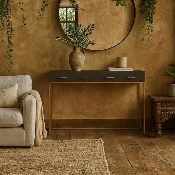 Wyld Haus Mandalo Brown Shagreen and Brass 2 Drawer Console Table