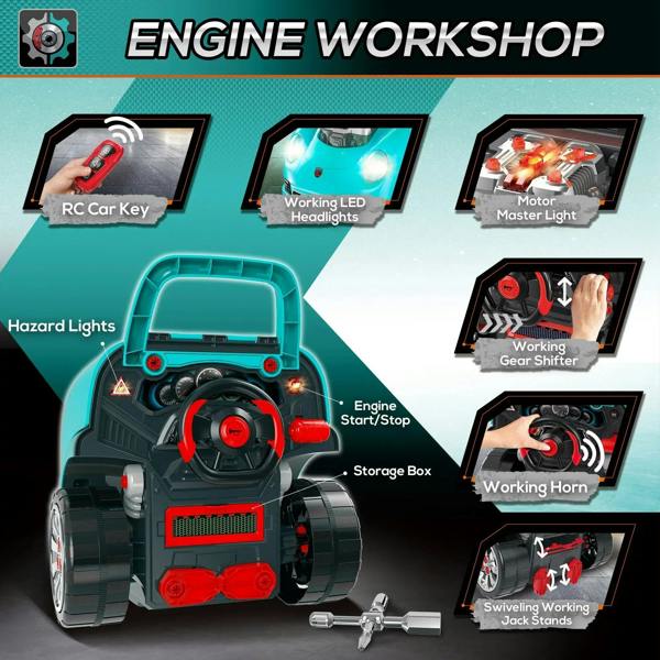 Teal toy car engine console with steering wheel, horn, and dashboard lights from open hood