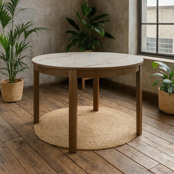 Wyld Haus Cork Round Extendable Dining Table with Cream Ceramic Top and Oak Veneer Base