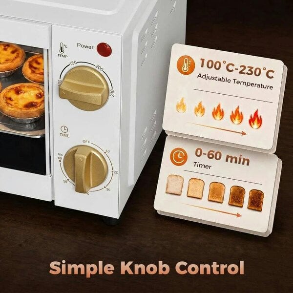 Mini Oven, 9L Countertop Electric Grill, Toaster Oven with Adjustable Temperature and Timer, 750W, White
