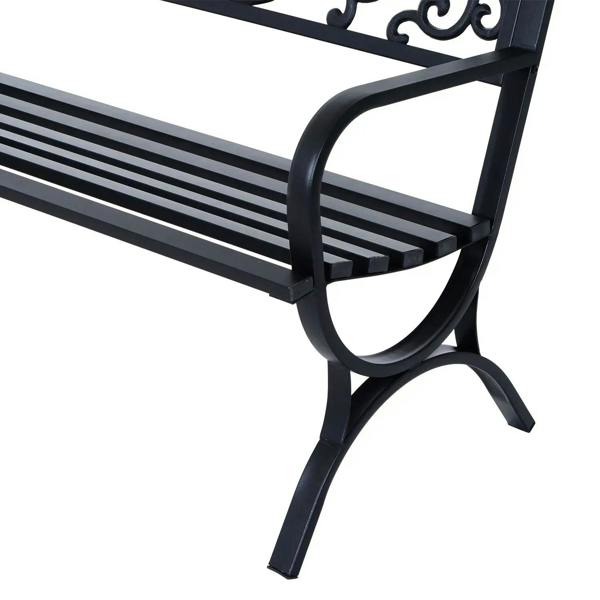 Black powder-coated steel garden bench leg and curved armrest with slat seat