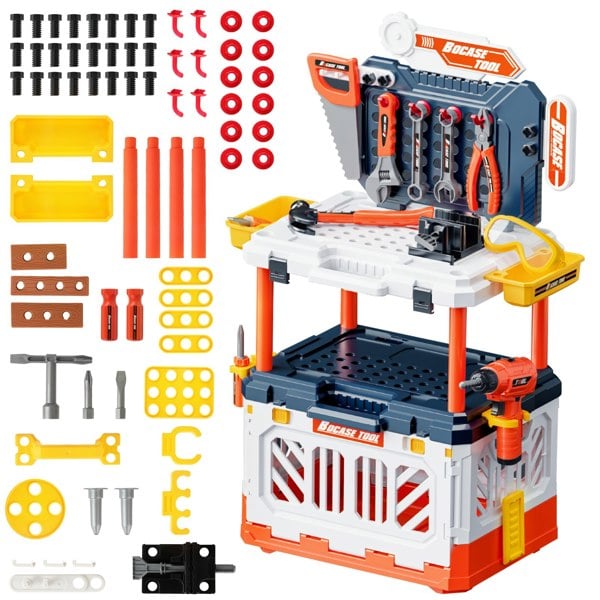 deAO Toys 4-in-1 Kids Portable Workbench – 90-Piece Transformable Tool Bench with Suitcase & Role Play Accessories