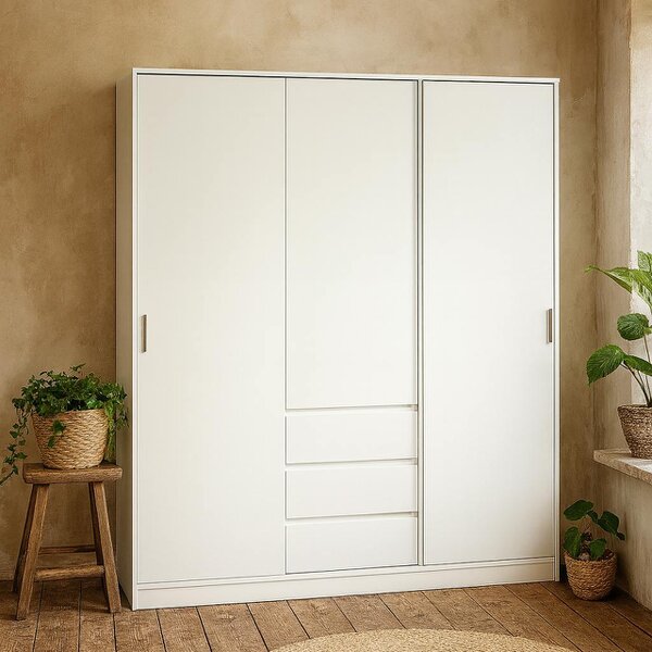 Wyld Haus Budapest White Wooden Wardrobe 3 Doors 3 Drawers