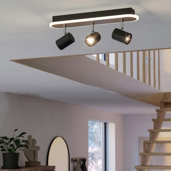 EGLO Rimbocchi Natural Wood And Steel Modern 3-Light Spotlight