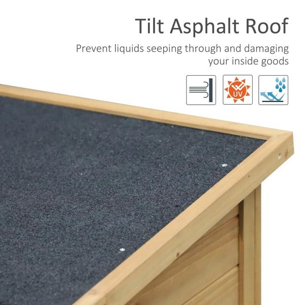 Wooden shed with sloped asphalt roof panel and natural wood frame