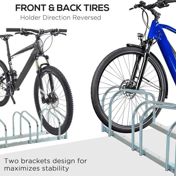 Silver bike parking rack with two bicycles and multiple U-shaped front wheel stands