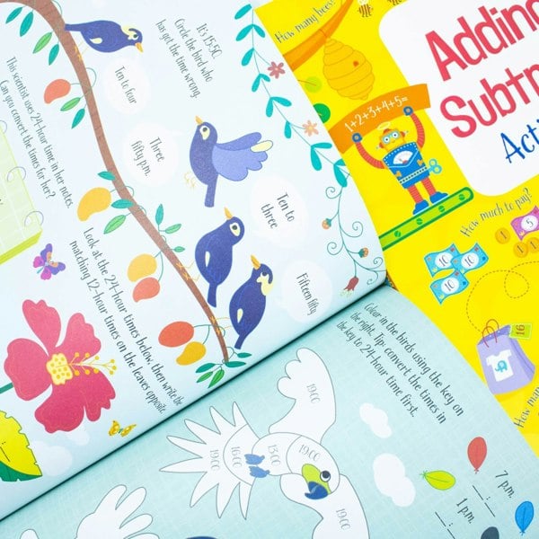 Educational Workbooks 4 Book Set: Addition & Subtraction, Times Tables, Telling the Time & More