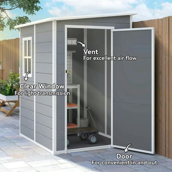 Grey storage shed showing clear window, vent opening, and open side door for access