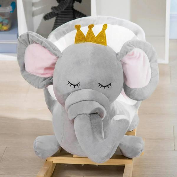 Grey elephant rocking horse front close-up with crown, plush trunk, and pink inner ears