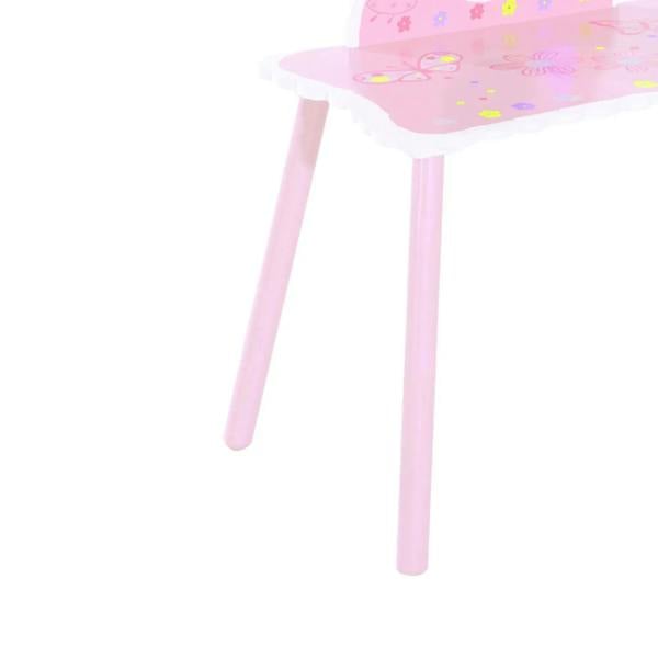 Pink wooden legs of a kids dressing table, with part of the decorated tabletop