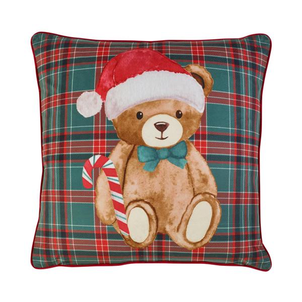 Catherine Lansfield Christmas Tartan Teddy Bear Cushion Green