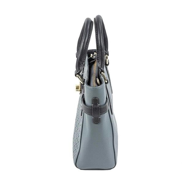 Pia Denim Blue Leather Mini Tote Bag, Laser-Cut Detail with Gold Fittings