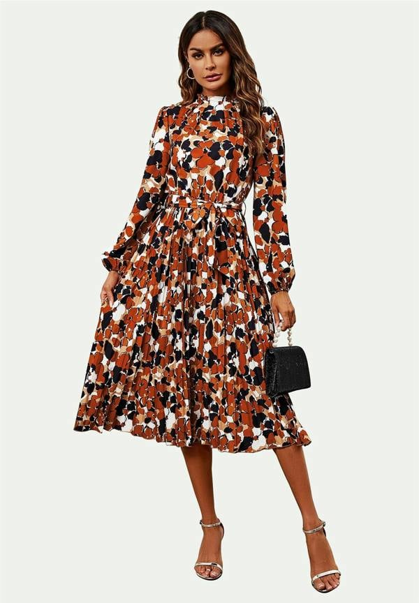 FS Collection High Neck Long Sleeve Midi Dress In Rust