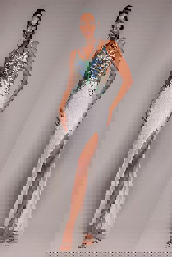 Sequin Butterfly Front Split Maxi Dress - White DR4609