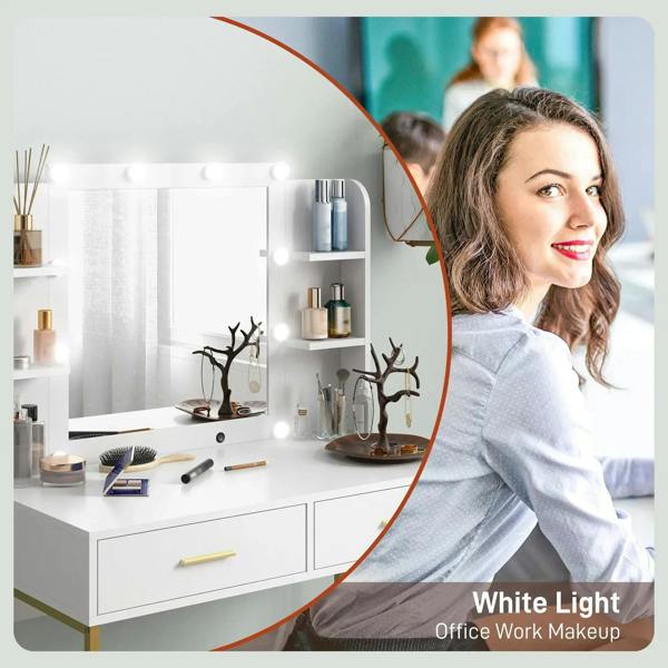 White vanity desk with lighted mirror and open side shelves, shown with accessories