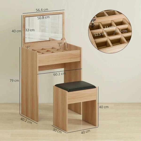 Wood vanity table with flip-up mirror and padded stool, size view
