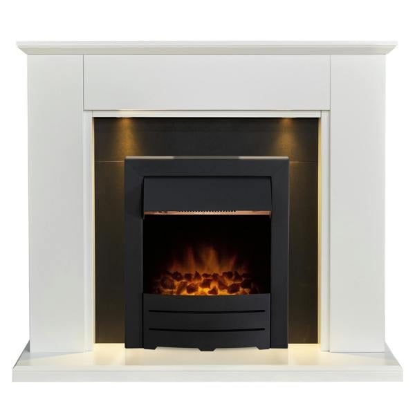 Adam Eltham Fireplace in Pure White & Black with Downlights & Colorado Black Electric Fire, 45 Inch