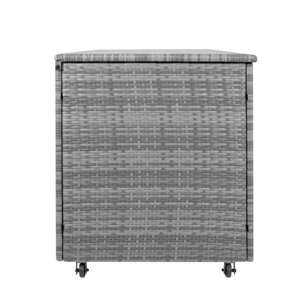 Grey rattan cushion storage box with a textured weave, spacious 700L capacity, and convenient wheels for easy mobility