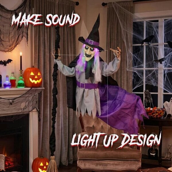 Bobobiy 200cm Life Size Animated Flying Witch Halloween Decorations Outdoor Indoor, Scary Halloween Animatronics Decor