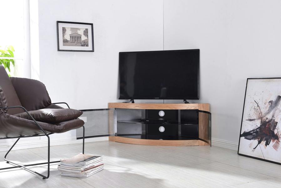 Homeology PANGEA Black Oak Beam-Thru Black Glass Curved Unit Tru-Corner 32"-50" TV Cabinet