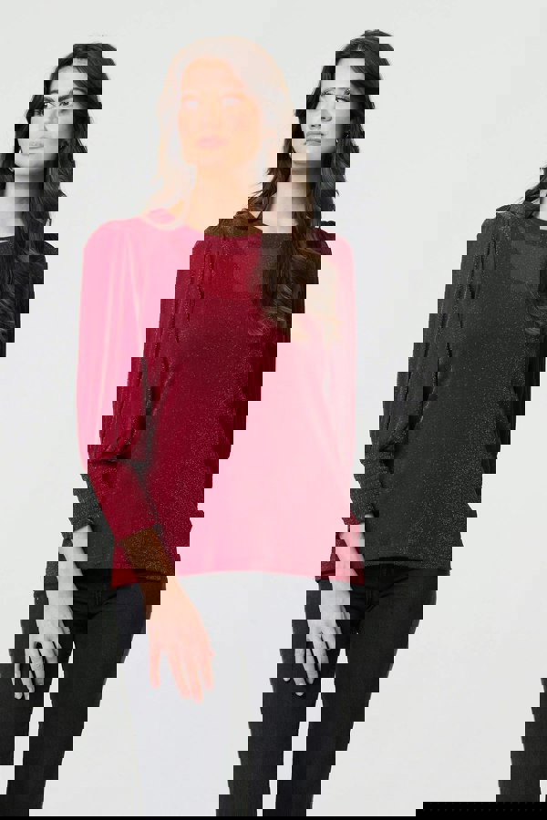 Burgundy | Sparkly 3/4 Puff Sleeve Mesh Top
