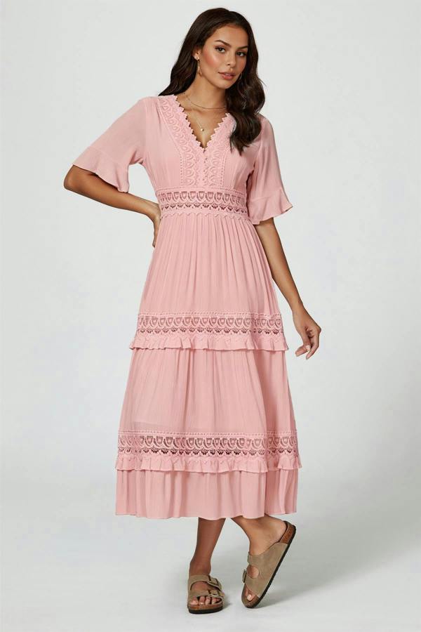 FS Collection V Neck Lace Detail Midi Dress In Rose Nude