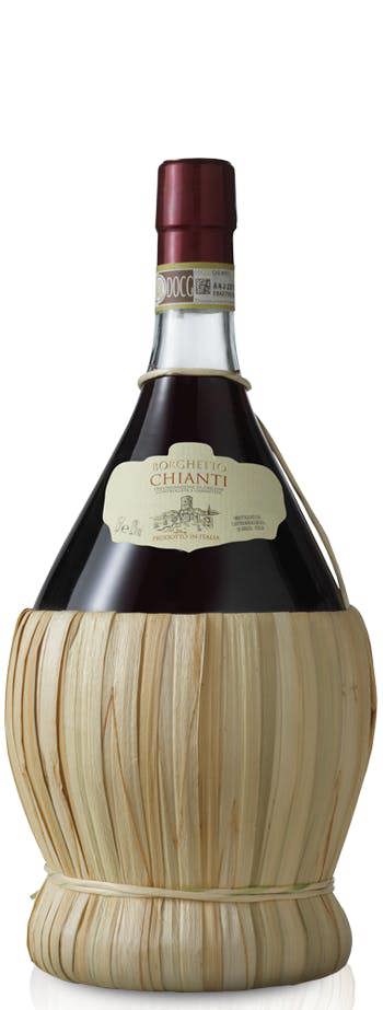 Chianti Fiasco Wine bottle with wooden base on a white background