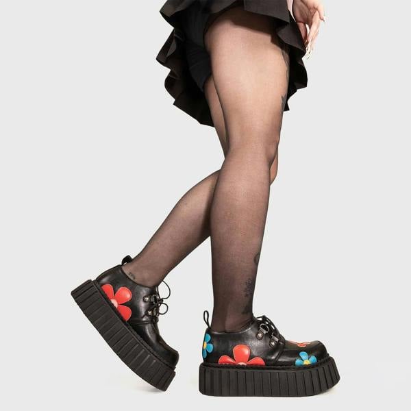 Lamoda Give A Little Black PU Multi-Flower Chunky Platform Creeper Shoes