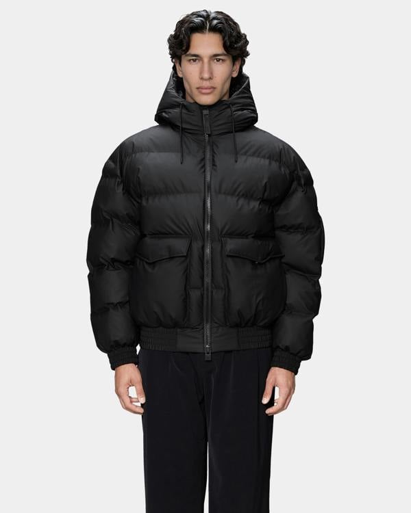Rains Alta Bomber Puffer Jacket - 01 Black. Front.
