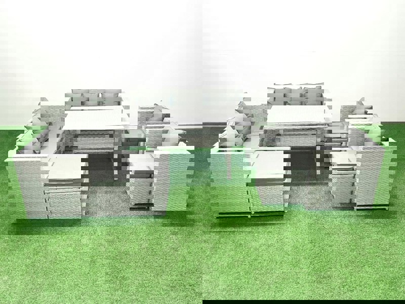 Fimous Rattan Garden Furniture Set Outdoor 8 Seater Patio Dinin g Sofa Sets with Dining Table 2 Chairs 3 Footstools Light Grey Mixed