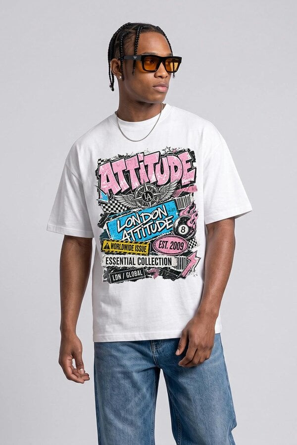 London Attitude Retro Graphic Oversized Heavyweight Streetwear T-Shirt - White