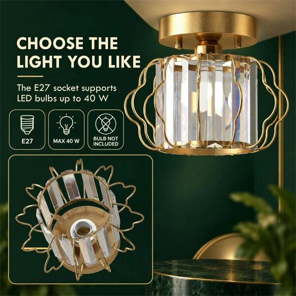 Crystal Ceiling Light Fixtures, Modern Semi-Flush Ceiling Lighting with Crystal Strips, 2 Pack, Gold Tone