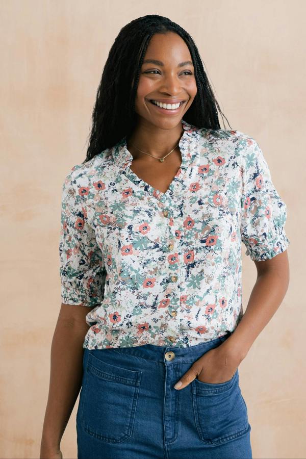 Wren Printed Frill Blouse Ecru
