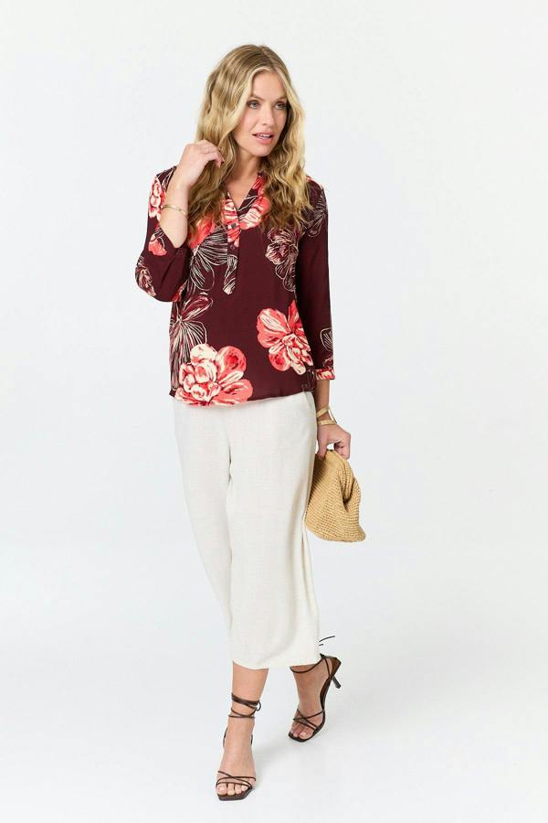 Purple | Floral V-Neck 3/4 Sleeve Relaxed Blouse
