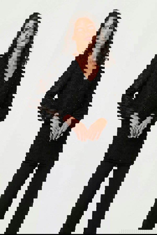 Black | Lace Embellished V-Neck Long Sleeve Top
