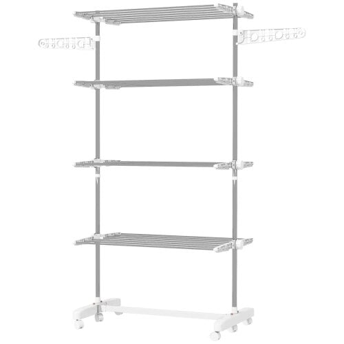 Bobobiy Four-Shelf Collapsing Clothes Horse, With Side Arms and Wheels - White