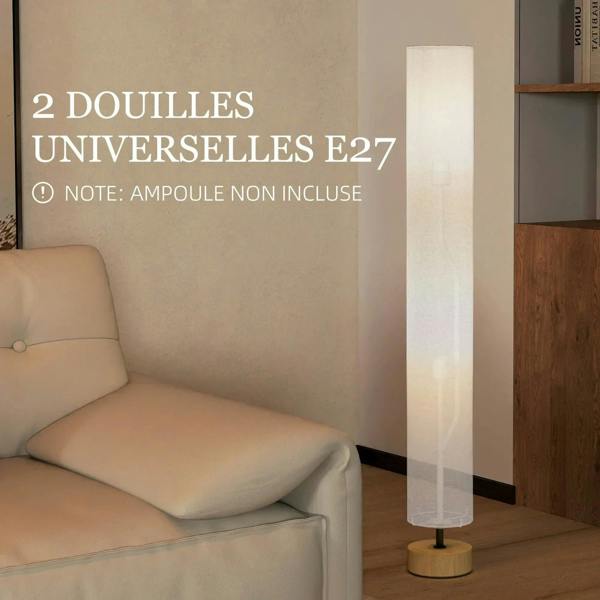 Grey linen floor lamp with tall rectangular shade and round wooden base