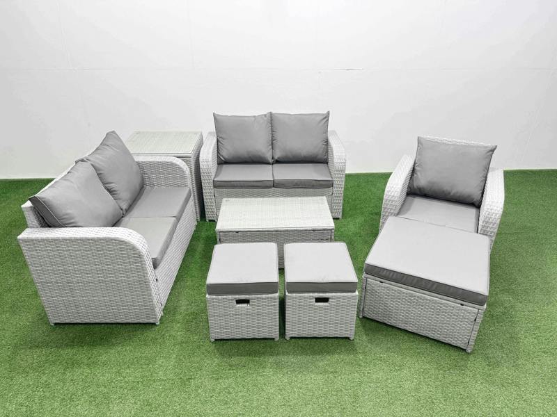 Fimous 3 Stools Rattan Lounge Set, High Back Poly, Reclining Loveseat, Coffee Table, Indoor Outdoor Patio and Side Table, Light Grey