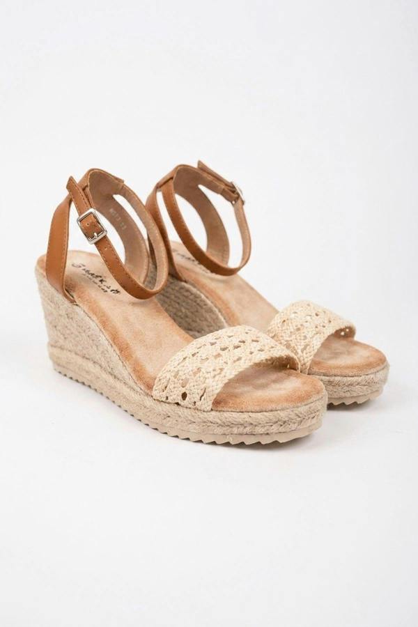 Pearl Crochet Strap Espadrille Wedge Sandals - Beige
