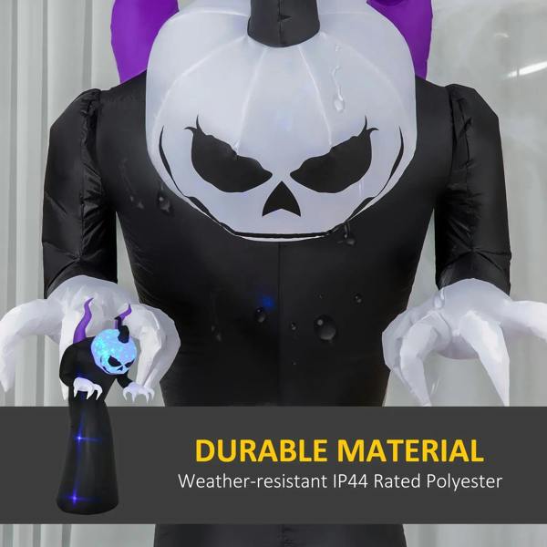 Black inflatable ghost with purple horns and glowing blue jack-o’-lantern face
